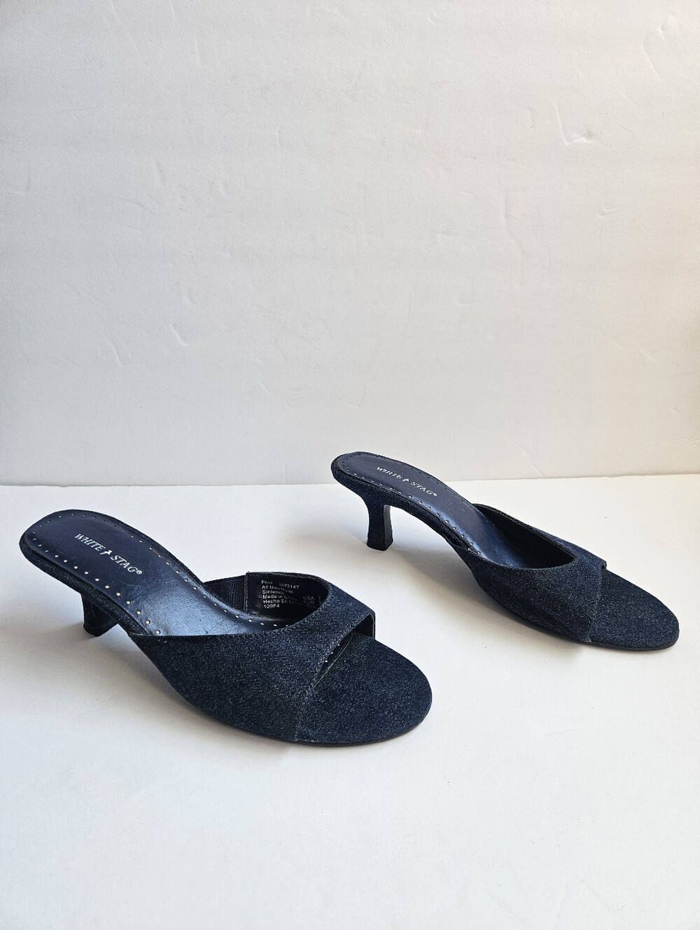 White Stag Dark Wash Denim Peep Toe Kitten Heel Sandals